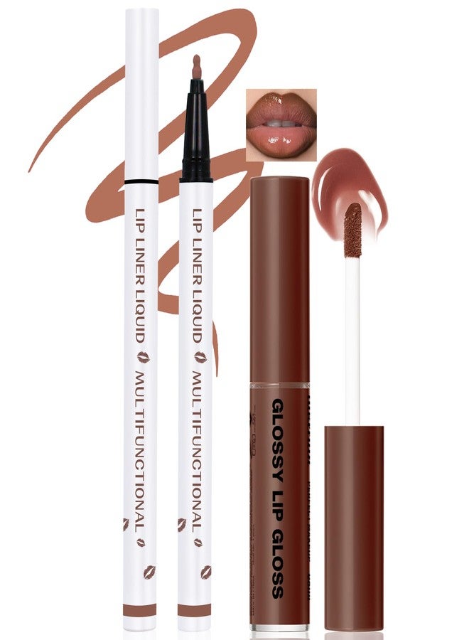 Noerrors 2Pcs Lip Stain Marker Liner Pen and Lip Gloss Lip Combo Set, Brown Liquid Waterproof Long Lasting Lip Liner with Moisturizing Lightweight Lip Gloss for Plumping Big Lips High Glossy Makeup - Image 1